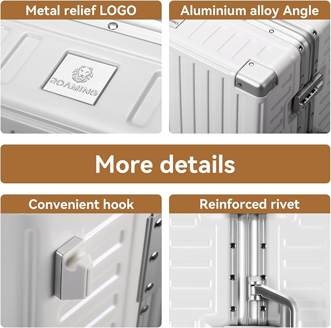 ROAMING Zipperless Luggage 22 Inch with Aluminum Frame, Polycarbonate Trunk-Medium Lightweight Hard Shell Suitcase with Spinner Wheels, Metal Travel Luggage with Double Tsa Locks, Shell white