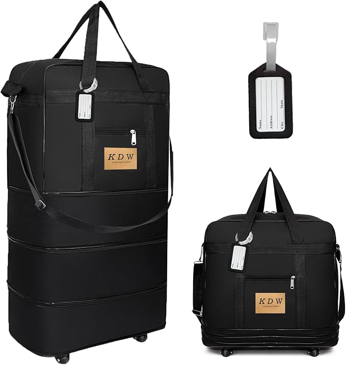 Foldable Travel Bag with Wheels, Extendable Tote Bag, Roller Expandable Luggage Compartment, Large Capacity Lightweight Luggage Bag, Waterproof for Men and Women(Black)