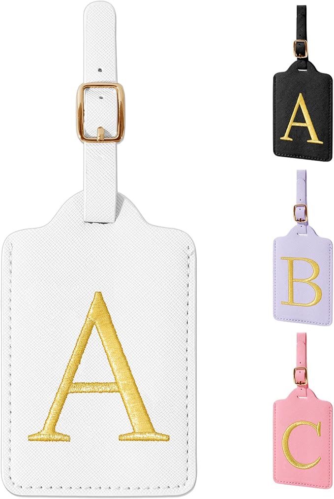 Personalized Initial Luggage Tags for Suitcase TSA Approved, White Leather Cute Luggage Tag with Privacy Cover Name Card, Embroidered Custom Luggage Tags Travel Baggage Tags Gifts for Women Kids(A)