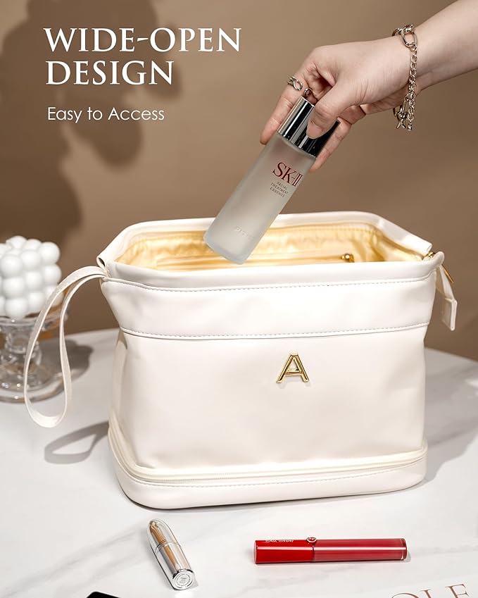 Bridesmaid Proposal Gifts, Initial Large Makeup Bag, Personalized Double Layer Cosmetic Bag with Makeup Brush Organizer, Waterproof, PU Leather Travel Toiletry Bag Graduation Gift