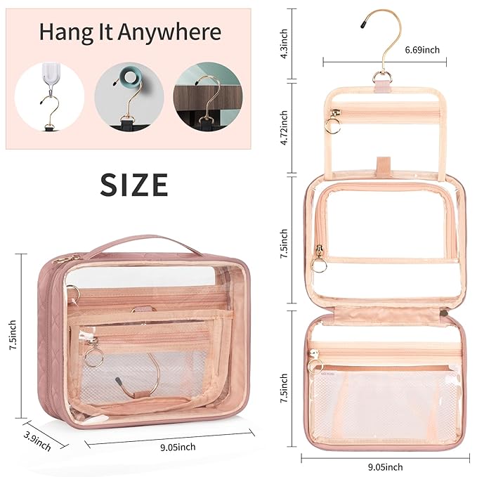 Clear Cosmetic Bags, Hanging Toiletry Bag for Travelling, Transparent Makeup Organizer Case, Water-resistant Portable Skncare Storage Pouch with Handle, Travel Must Haves