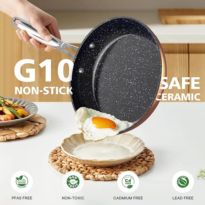 Nuwave 3-Piece 8”, 10”, 12” Forged Lightweight Frying Pan Set, G10 Healthy Duralon Blue Ceramic Ultra Non-Stick, Ergonomic Stay-Cool Handles, Induction-Ready & Works on All Cooktops