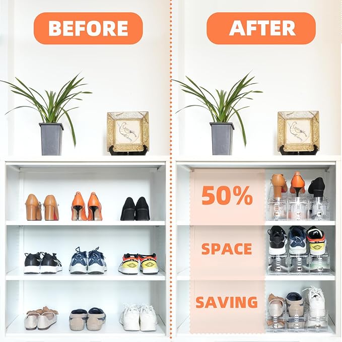 Shoe Slots Organizer, 12PCS Adjustable Double Layer Stack Shoe Rack, 50% Space-Saving Storage Rack Holder, Transparent