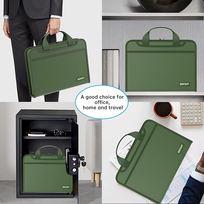 ENGPOW Accordion File Organizer,Fireproof Expanding File Folder with Multi Pockets,13 Pockets Document Organizer with Handle & Labels,Portable Home Travel Safe Storage for Letter A4 Files,Green