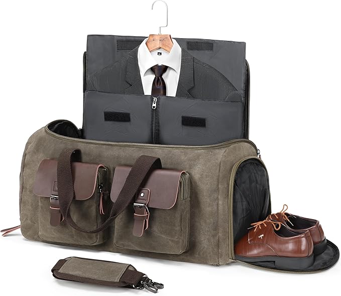 Waxed Canvas Garment Bags for Travel, Convertible Carry On Garment Duffel Bag for Men Women, 2 in 1 Suit Bag Hanging Suitcase Business Travel Bag with Shoe Compartment (Vintage Grey, L)