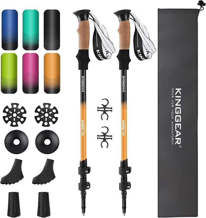 KINGGEAR Nordic Walking Stick, TP1 Hiking Poles Retractable Lightweight 7075 Aluminum, Trekking Poles with Flip Lock, Natural Cork and EVA Grip, 2pc Hiking Gear