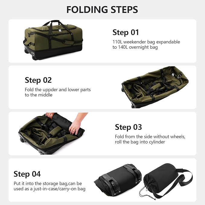 CONTAIL 32" Soft-Sided Rolling Duffle Bag with 2 Wheels,Expandable from 110L to 140L, Foldable Travel Duffel with Multiple Compartments,Army Green