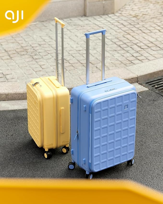 aji Expandable Top Opening 26 Inch Checked Luggage with Spinner Wheels, Large Suitcase with TSA Lock, Hard Shell Travel luggage Suitcases for Men Women, for 20+Days Travel, Cheese Yellow