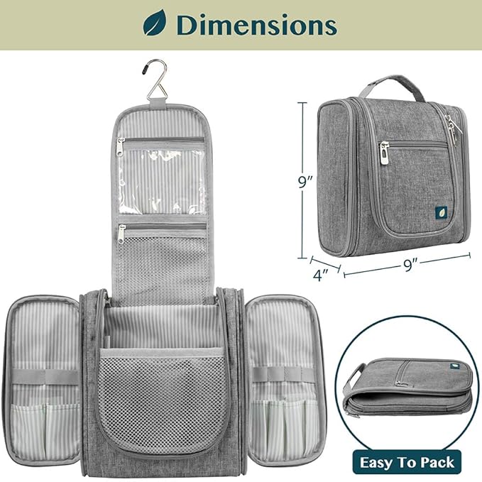 PAVILIA Toiletry Bag Travel Bag for Women Men, Hanging Cosmetic Organizer, Water Resistant Makeup Bag for Accessories Toiletries, Large Travel Essentials Kit (Grey)
