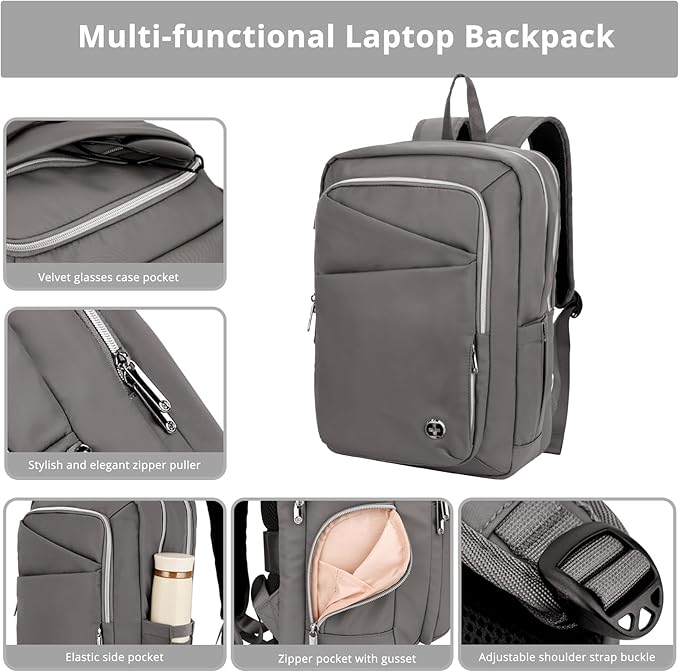 Swissdigital Design Laptop Backpack For Women，Travel Backpack With USB Charging Port，Fits 15.6 Inch School Computer Backpacks For Work Business,Grey | KATY ROSE