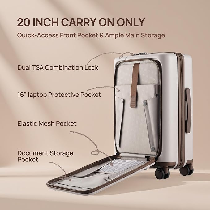 NINETYGO Medium Checked Luggage 25 Inch, Flat Top Opening Checking In Luggage with Cup Holder, Expandable, Coffee-Infused PC Hard Shell, Eco-Friendly, TSA Lock, 360° Spinner Wheels (Latte)
