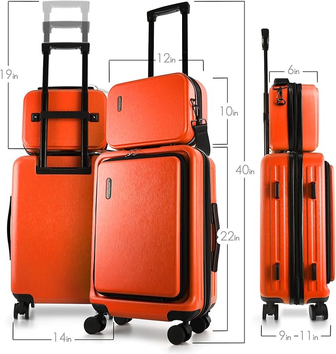 22 Inch Carry On Luggage 22x14x9 Airline Approved, Carry On Suitcase with Wheels, Hard-shell Carry-on Luggage, Durable Luggage Carry-On, Orange Small Suitcase with Cosmetic CaseBag