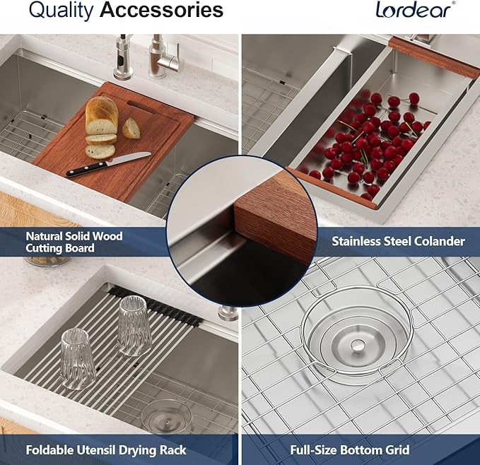 Lordear 36 Inch Undermount Kitchen Sink Double Bowl Stainless Steel Kitchen Sinks 50/50 Low Divided 16 Gauge Undermount Sink 36x19x10 Inch Handmade