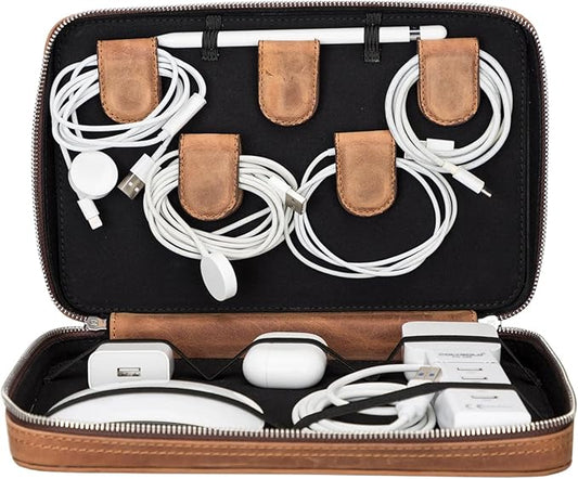Medicine Handmade Leather Cable Organizer Bag – Full-Grain Leather Travel Tech Case for Cords, Chargers & Accessories – Zippered Storage for Men & Women (Antic Brown)