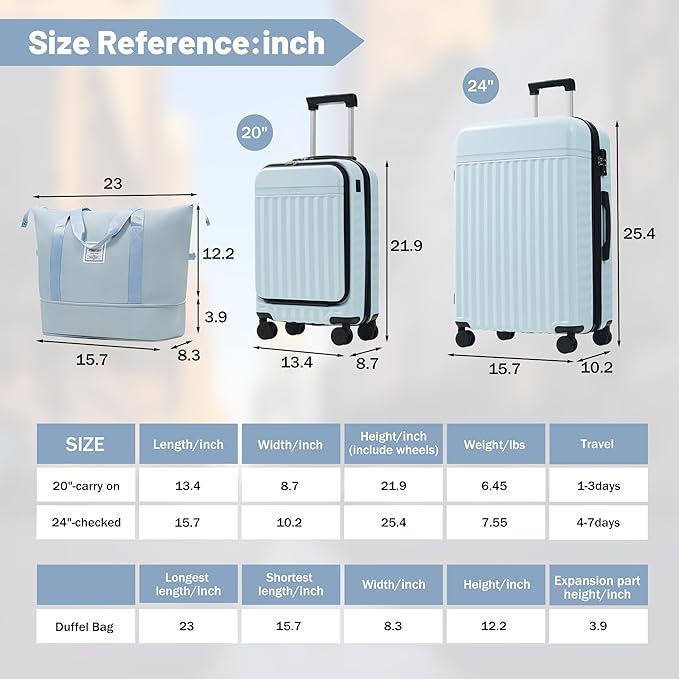 Merax Luggage Sets Front Opening, 2 Piece Hardshell Suitcase with Spinner Wheels and Bags,Lightweight Carry on Luggage with USB Port,20+24,Light Blue