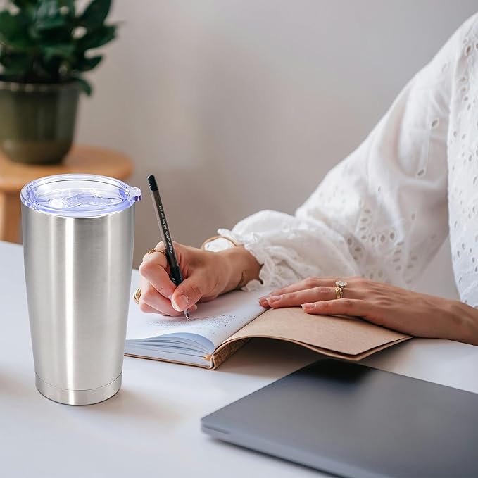 20oz Tumbler Bulk Stainless Steel Tumbler Cup with Lid Vacuum Insulated Double Wall Travel Mug, Durable Powder Coated Travel Coffee Tumbler Mug for Hot & Cold Drinks, Stainless Steel,12 Pack