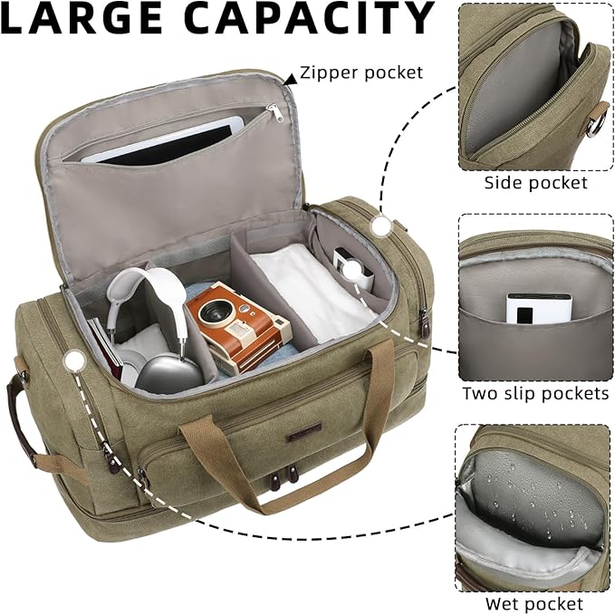 ZOMFELT Duffle Bag for travel, 40L Canvas Travel Duffel Bags for Men Women, Water Resistant Overnight Weekender Bag with Toiletry Bag & Shoe Compartment, Carry on Luggage Bag for Travel, Gym, Green