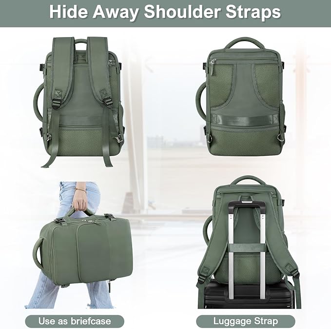 Personal Item Backpack, Carry on Travel Backpack with Multi-Pockets, Waterproof Casual College 16inch Laptop Backpack for Men Women, Army Green