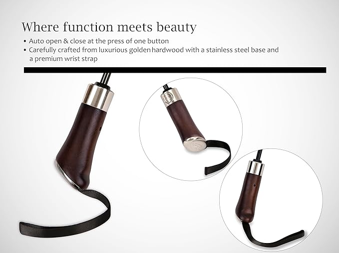 Balios (Designed in UK) Travel Umbrella Luxurious Golden Hardwood Handle Auto Open & Close Windproof Frame Single Canopy Automatic Folding Umbrella Men's & Ladies