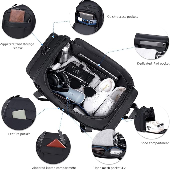 Gym Bags for Men Women, 42L Large Travel Duffle Bag, Carry On Bag for Airplanes with Shoe Compartment for Sports, Weekend Trips, Overnight and Camping - Black