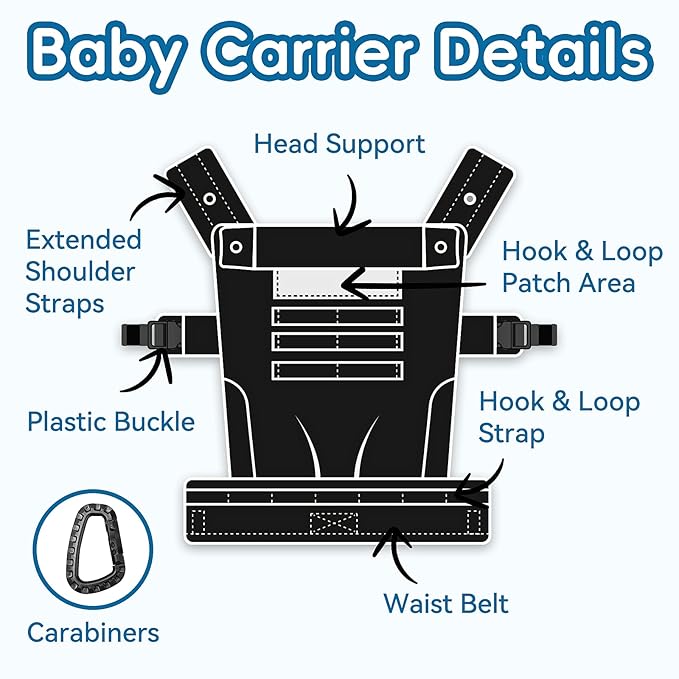 Baby Carrier, Lumbar Support Infant Carrier (0-36M, 8-33 lbs) with Foldable Headrest Carabiners for Big and Tall Parents, Men, Women (Black)