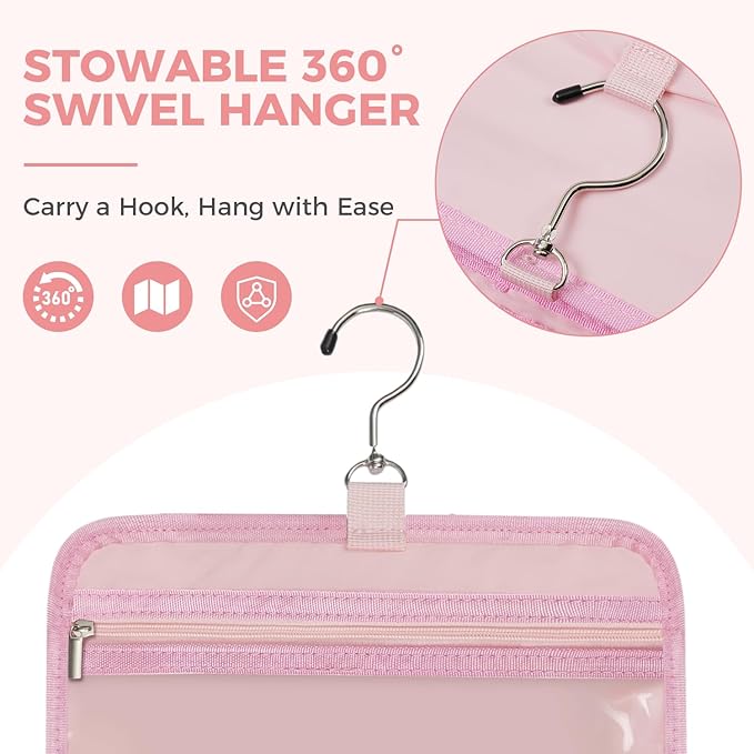 Toiletry Bag For women,Portable Hanging Organizer,4 Leakproof Compartment for full-sized Conditioner, Brushes Set, Makeup Accessories,Visible and easy to access.M-light pink
