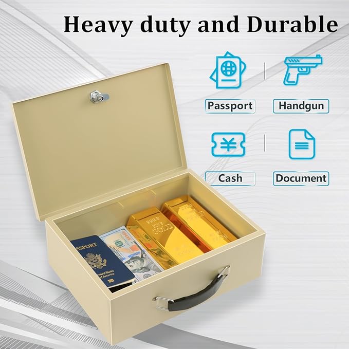Dalmbox Portable Fire Safe Box with Key Lock, 13.2”x 11”x 5.1'', Fire Resistant Metal Storage Box, Lock Box for Documents, Safety Deposit Box for Home, Outside, Car, X Large, Sand