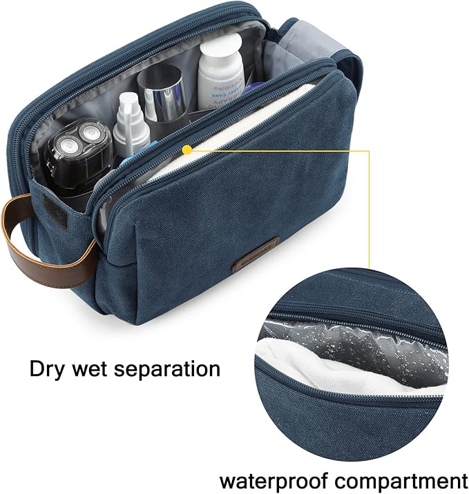 BAGSMART Toiletry Bag for Men, Canvas Travel Toiletry Organizer Dopp Kit Water-resistant Shaving Bag for Toiletries Accessories,Navy Blue-Medium