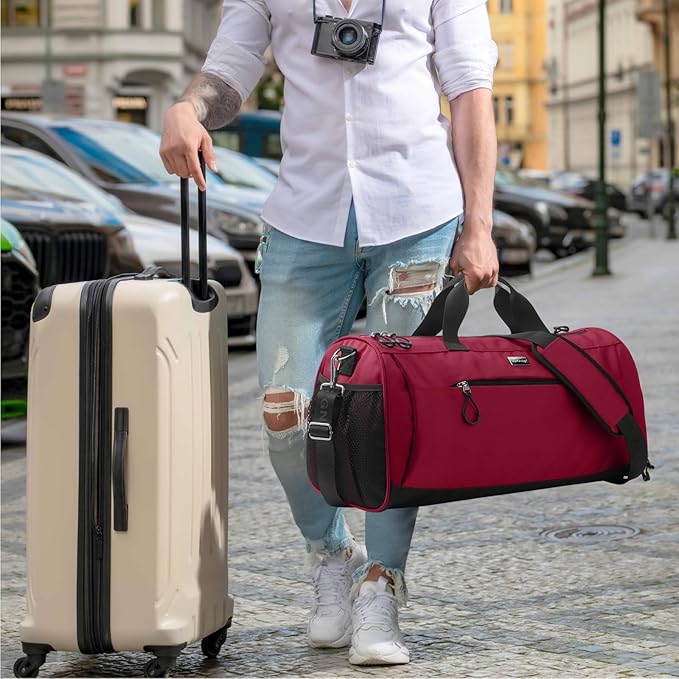 TOPDesign Gym Bag for Women & Men, Unisex Duffel Bag with Shoe Compartment & Wet Pocket for Travel Sports Gym (M Red)
