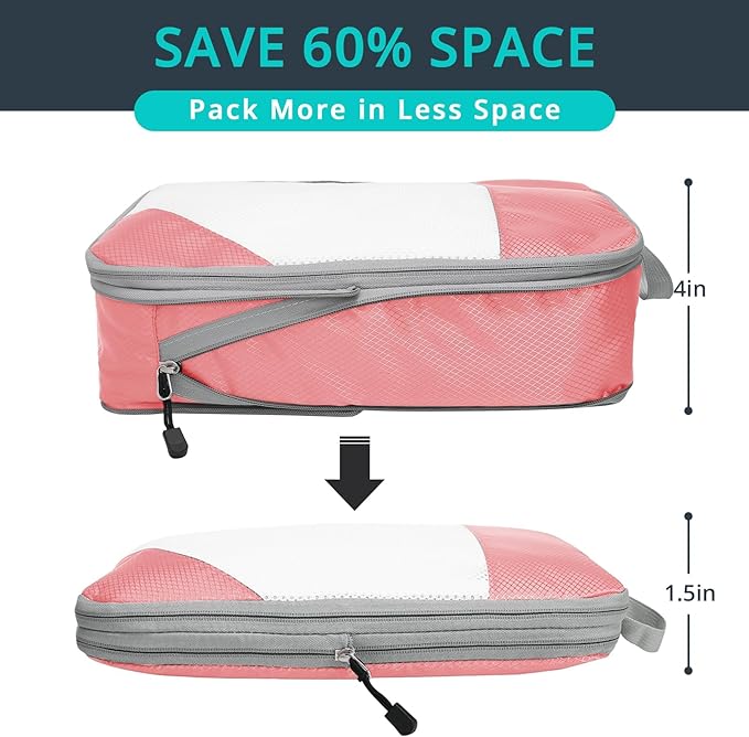 Compression Packing Cubes 3 Set, Compressible Space-Saving Packing Cubes for Travel - Compression Bags, Luggage Organizer, Travel Essentials for Women, Pink