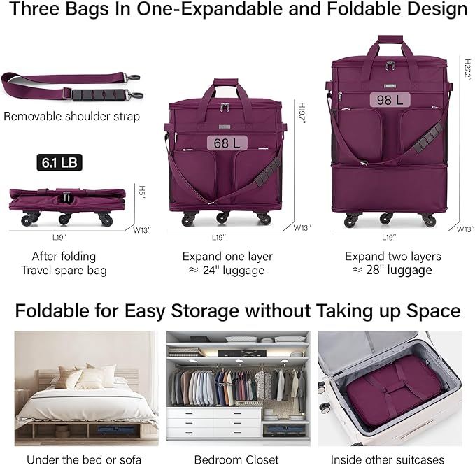 Hanke Expandable Collapsible Luggage with Wheels Suitcase Luggage Rolling Travel Bag Duffel Bag for Men Women Lightweight Suitcase Large Capacity Luggage with Spinner Wheel (Purple)