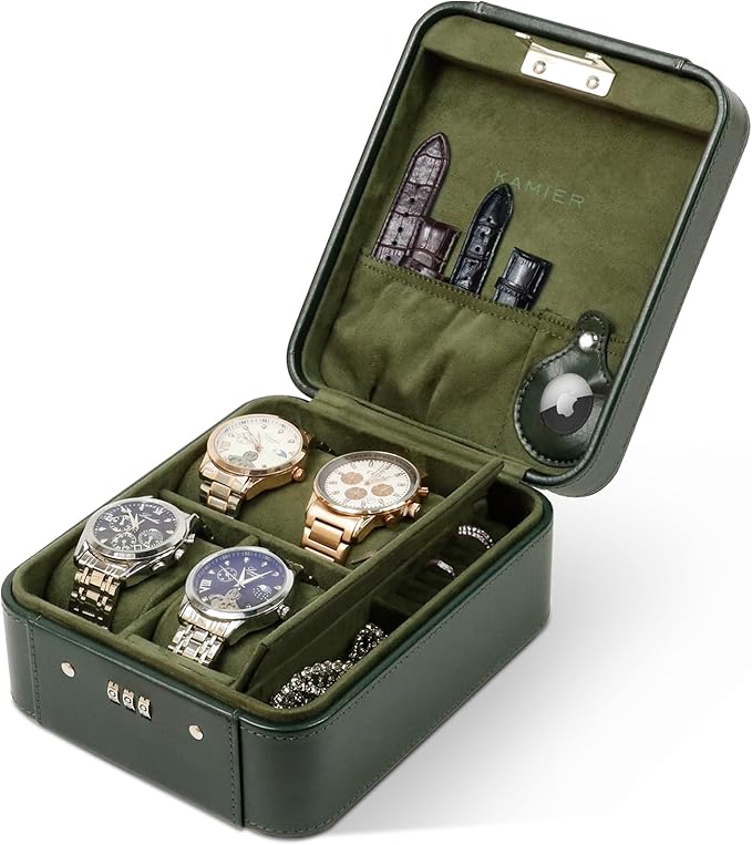 KAMIER Watch Case with Combination Lock - 4 Watch Storage and Jewelry Organizer - Watch Travel Case for Ring and Watch Storage, PU Leather Travel Watch Case, Ideal for Gift (With Gift Box), Green
