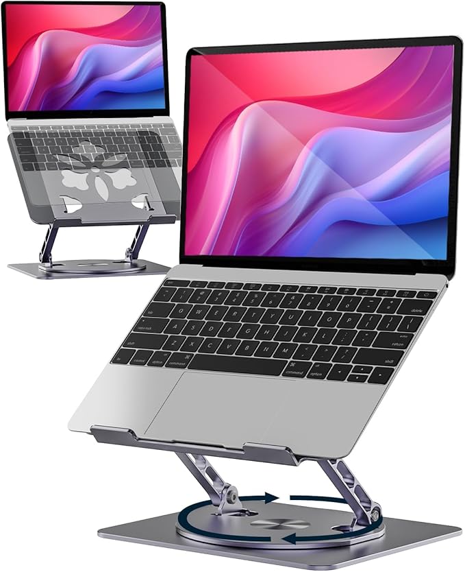 Adjustable Laptop Stand for Desk - Portable Laptop Riser with Rotating Base, Foldable Aluminum Computer Stand, Ergonomic Laptop Holder for MacBook Pro/Air Dell HP Lenovo Notebook up to 15.6", Gray