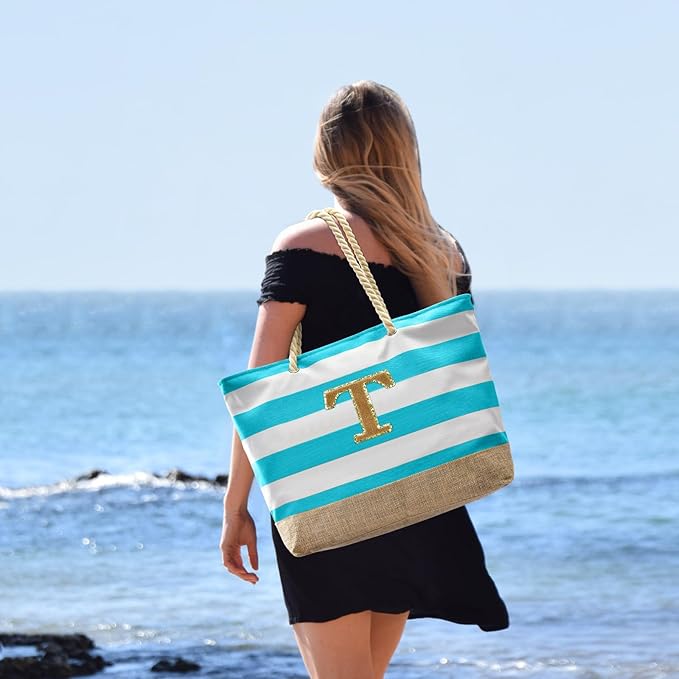 Becokan Beach Bag Initial Beach Tote with Makeup Bag for Travel Work Storage Personalized Birthday Gifts for Women Her
