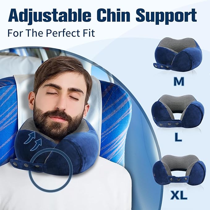 Neck Pillow for Traveling, Travel Pillows for Airplanes,100% Pure Memory Foam Travel Neck Pillow, Adjustable Flight Pillow, Portable Plane Accessories with Eye Mask, Earplugs, Carry Bag
