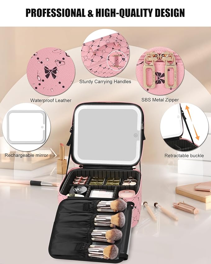 Relavel Travel Makeup Bag With LED Mirror, Compact Cosmetic Organizer Storage with Brush Compartment, 3 Colors in Adjustable Brightness, Adjustable Dividers, Make Up Train Case - Pink Bowknot