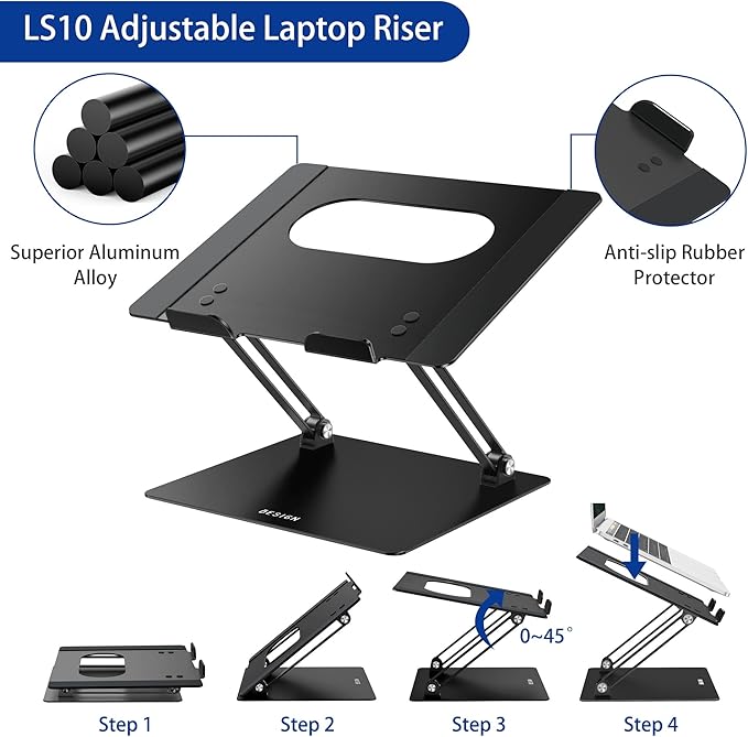 BESIGN LS10 Aluminum Laptop Stand, Ergonomic Adjustable Notebook Stand, Computer Holder Compatible with Air, Pro, Dell, HP, Lenovo More 10-14" Laptops, Black