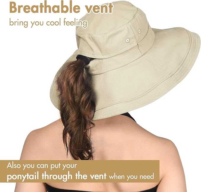 Sun Hats for Women Gardening Hat Wide Brim Ponytail Beach Sun Protection Breathable Cotton Summer Hat with Fold-Up Brim