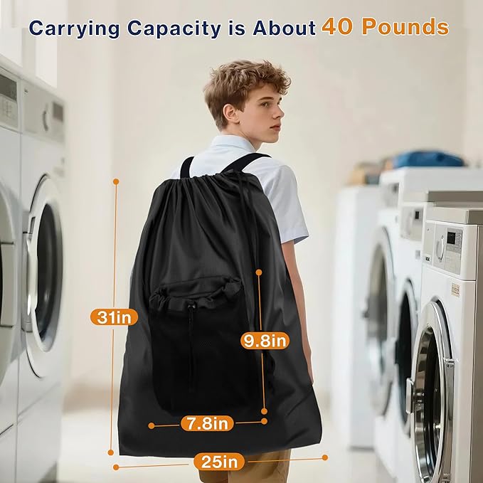 2-Pack Backpack Laundry Bags, Heavy Duty Laundry Bag Backpacks with Adjustable Shoulder Straps, Door Hanging Washing Bag, Laundry Hamper Lining for College Dorm, Travel, Laundromat