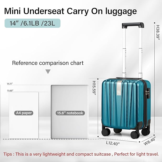 Hanke 14 Inch Underseat Carry On Luggage with Wheels Hard Shell Suitcases Carry On Bag Lightweight Small Mini Suitcase Tsa Luggage for Travel. Caribbean Blue.