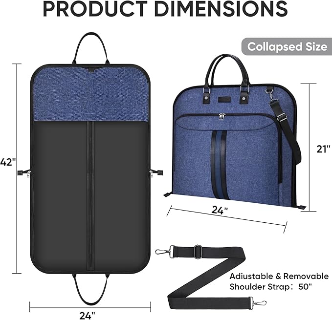 BALEINE Travel Garment Bag, Travel Suit Bag for Men, 42'' Waterproof Carry on Garment Bag for Hanging Clothes, Garment Duffel Bag for Travel Business (Blue)