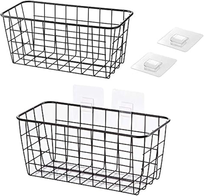 2 Set Hanging Wall Basket Organizer Over the Cabinet Door Wire Baskets for Organizing -No Drilling Adhesive Wall Storage Basket, Space-Saving Hanging Baskets for Organizing Wall Mount Storage,Black