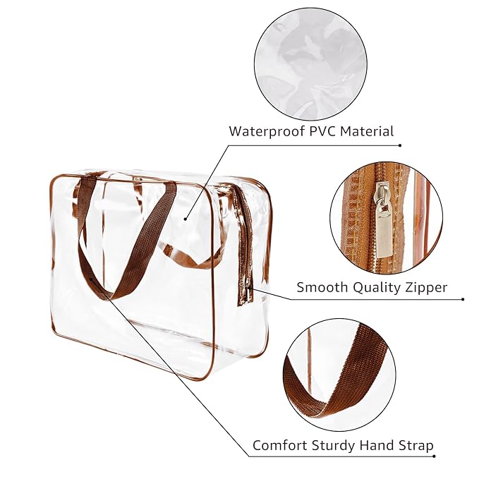 3Pcs Crystal Clear PVC Travel Toiletry Bag Kit for Women Men, Waterproof Vinyl Packing Organizer Storage Bags with Zipper Handle Straps, Cosmetic Pouch Carry on Airport Airline Compliant Bag Handbag