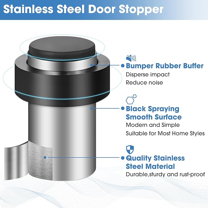 Chumia 20 Pcs Door Stopper Mounted Floor Stops Stainless Steel Cylindrical Stopper Modern Decorative Rubber Bumper Stops Holder Wall Protector for Bottom or Top of Door (Silver)