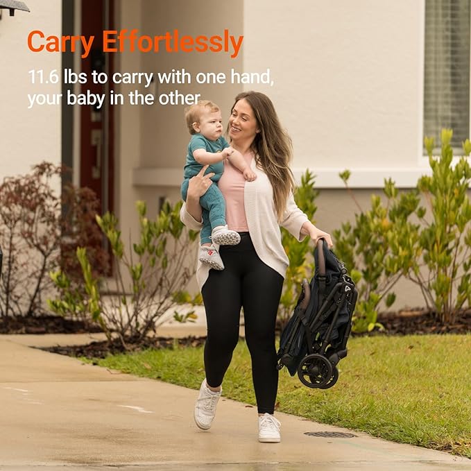 Lightweight Baby Travel Stroller with Carbon Fiber Frame, Compact & Airplane-Friendly, One-Handed Folding Design, 11.6 lbs, Perfect for Toddlers, Organizer & Cushion Included, Jet
