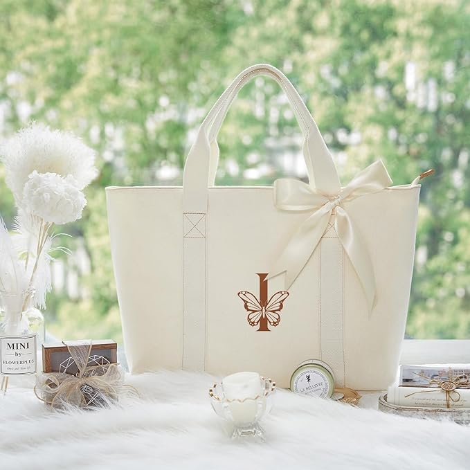 AW BRIDAL Monogram Canvas Tote Bag for Chrismas, Bridal Shower, Retirement, Birthday Gifts for Women Mom Wife Sister Friends