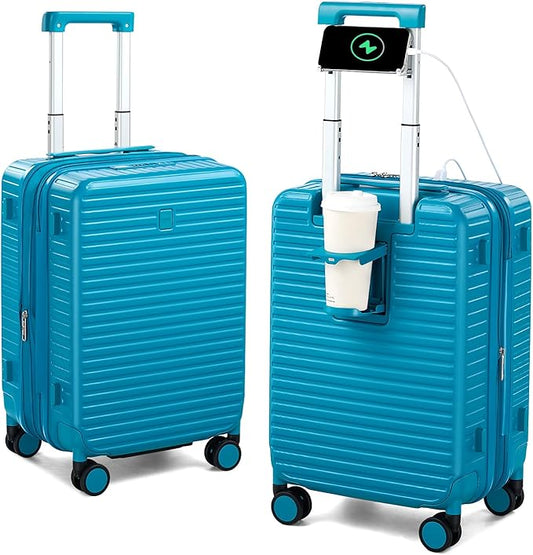 Hard Shell Suitcases 20 Inch Carry on Luggage Airline Approved with Wheels, Expandable Travel Luggage with Cup Holder Charger Built in Lightweight Small Suitcase, Caribbean Blue