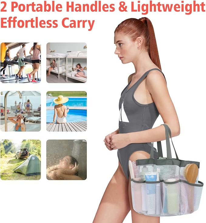 F-color Mesh Shower Caddy Portable, Upgrade Deeper 7 Pockets Shower Bag Basket Tote for College Dorm Room Toiletry Bathroom Essentials Gym Camp Quick Dry 2 handles with S Hook, White