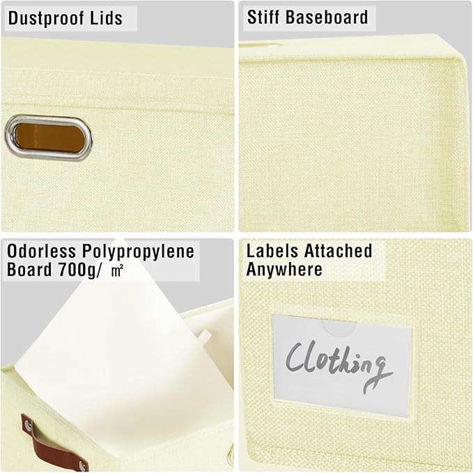 17" Large Collapsible Storage Bins with Lids, Stackable Closet Organizers with PU Handle and Labels, 3-Pack Decorative Fabric Storage Boxes for Home, Bedroom, Closet, Office, Nursery(Beige)
