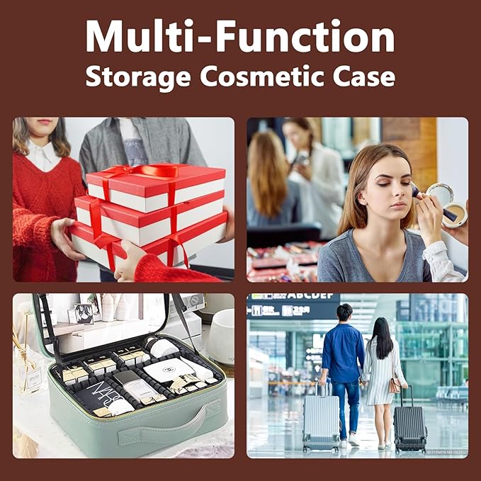 Travel Makeup Bag for Women and Makeup Artists Cosmetic Organizer Large Makeup Case,Travel Makeup Bag with Mirror 3 Color Setting,Portable Storage and Adjustable Dividers(Dark brown)
